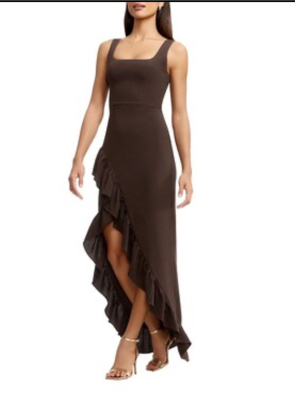 Dress the Population Brown High-Low Ruffle Midi Dress